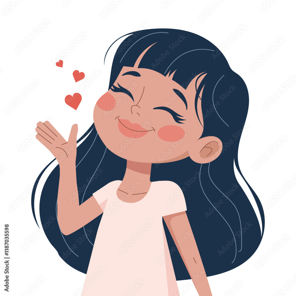 Happy cartoon girl in love sends an air kiss. Vector, flat illustration. Happy cartoon girl in love sends an air kiss. Vector, flat illustration.