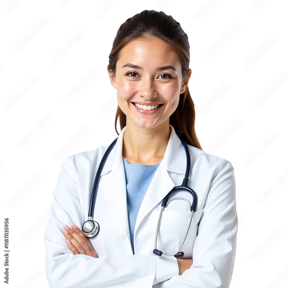 Smiling Female Doctor Portrait Isolated on Transparent White Background, PNG Smiling Female Doctor Portrait Isolated on Transparent White Background, PNG