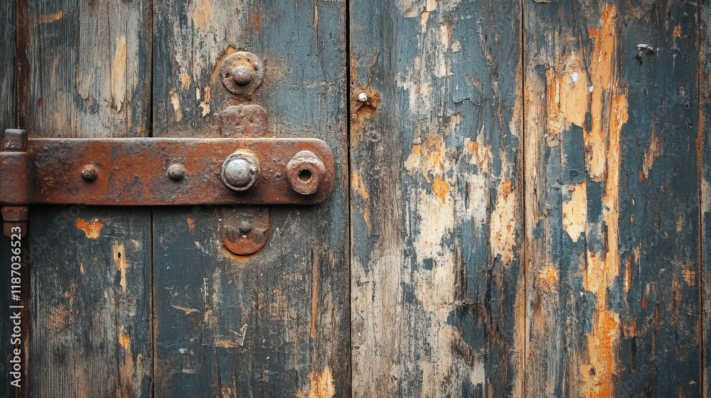 Rustic wooden door with weathered metal hinge. Rustic wooden door with weathered metal hinge.