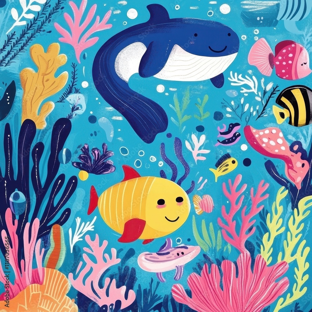 Naklejka premium Vibrant Ocean Life Colorful Fish and Whale Scene