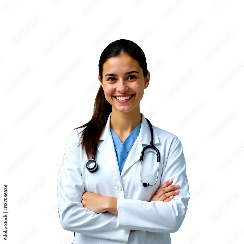 Fototapeta premium Young Female Doctor with Stethoscope on White Transparent Background