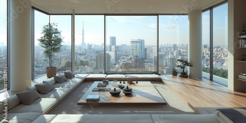 Modern living room with panoramic city view and minimalist decor.