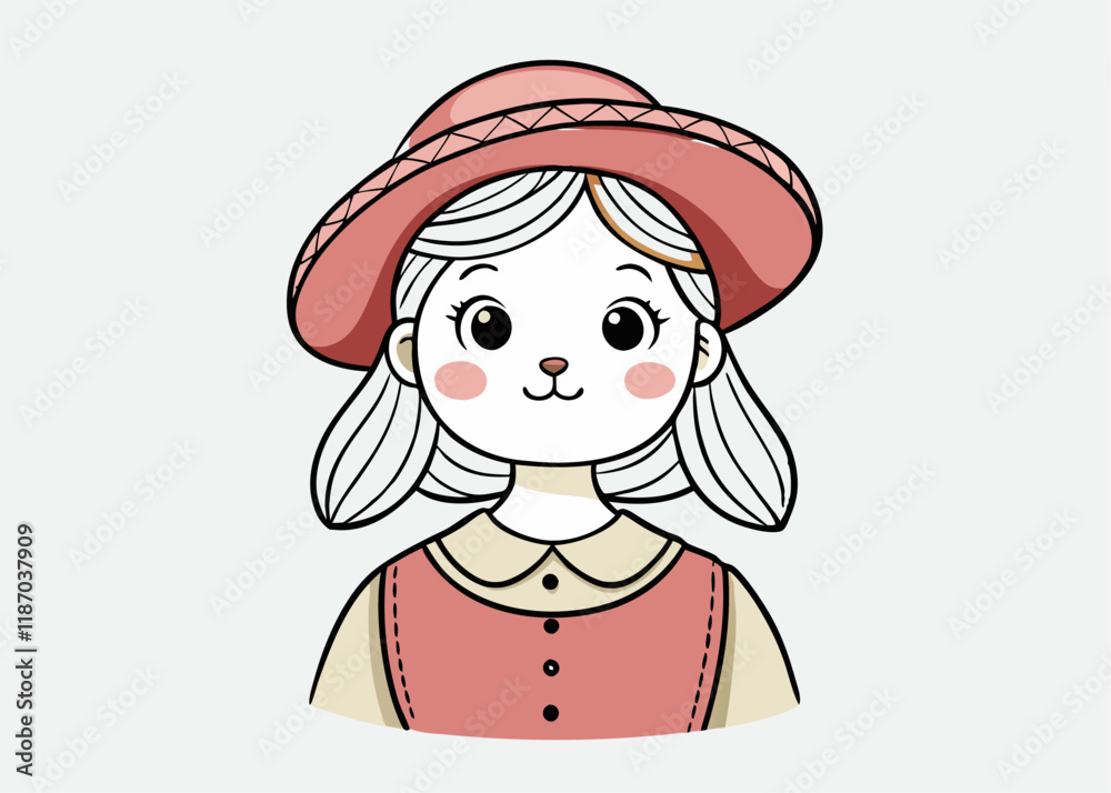 Rabbit girl face in top hat hand drawn sketch in doodle style vector cartoon illustration isolated on white background Rabbit girl face in top hat hand drawn sketch in doodle style vector cartoon illustration isolated on white background