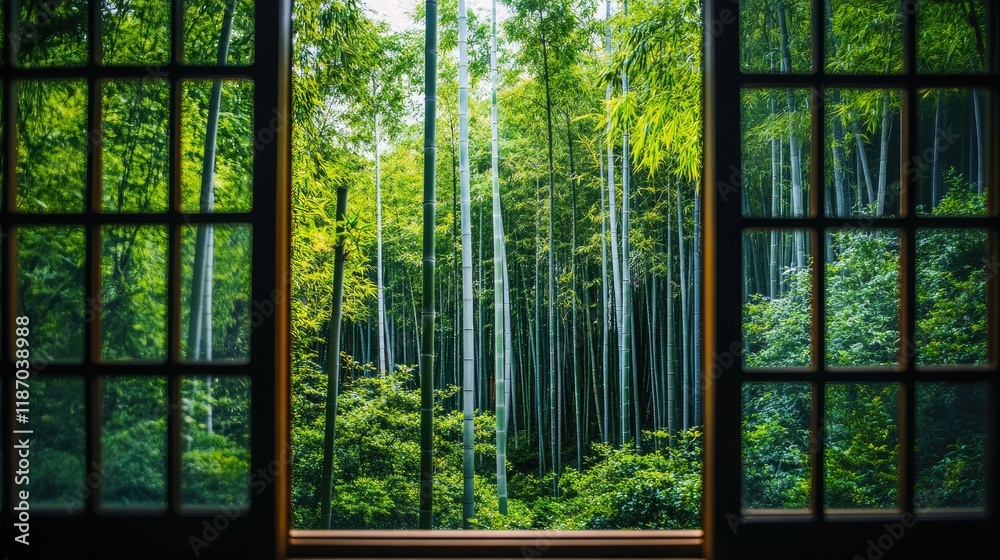 Bamboo forest view through window in serene natural setting with lush greenery and tall bamboo stalks creating a calming atmosphere Bamboo forest view through window in serene natural setting with lush greenery and tall bamboo stalks creating a calming atmosphere