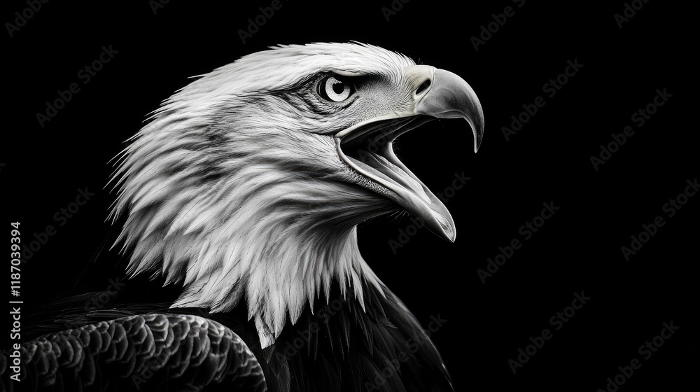Majestic bald eagle in profile with open beak against a dark background conveying strength and wildlife beauty. Majestic bald eagle in profile with open beak against a dark background conveying strength and wildlife beauty.