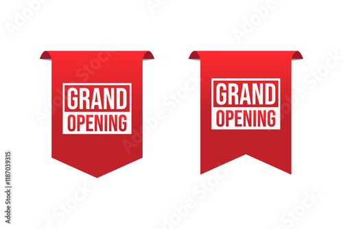 Grand opening ribbon tag banner template retail promotion and announcement. Advertising design, business promotion. Vector illustration on white background