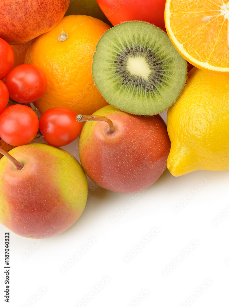 Collection fruits and vegetables isolated on a white. Free space for text. Vertical photo. Collection fruits and vegetables isolated on a white. Free space for text. Vertical photo.
