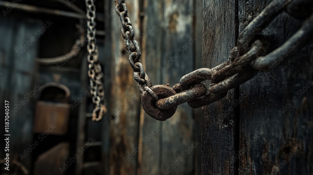 Rusty Chains on Weathered Wooden Surface Rusty Chains on Weathered Wooden Surface