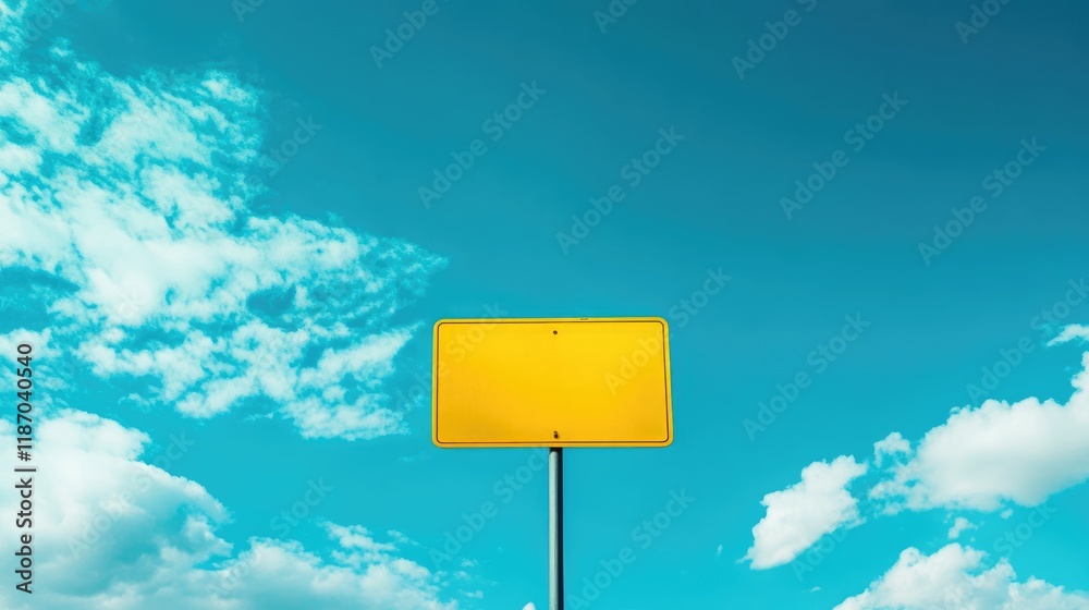 Empty yellow road sign against a clear blue sky with scattered clouds creating a bright and inviting atmosphere for directional guidance. Empty yellow road sign against a clear blue sky with scattered clouds creating a bright and inviting atmosphere for directional guidance.