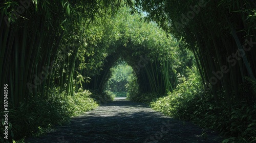 Serene bamboo forest pathway leading to a lush green area surrounded by tall bamboo trees
