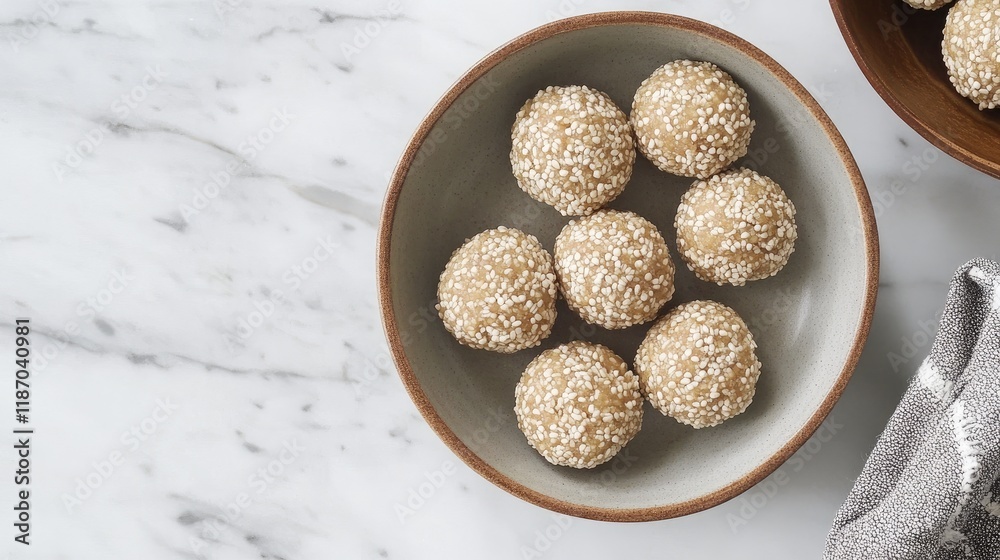 Amaranth ladoo balls coated with sesame seeds presented in a rustic bowl on a marble countertop Amaranth ladoo balls coated with sesame seeds presented in a rustic bowl on a marble countertop