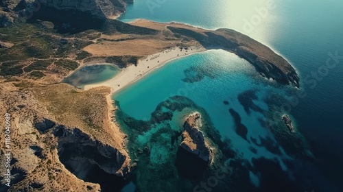 Aerial view of Balos Lagoon Beach and Cape Tigani showcasing the stunning coastline and vibrant turquoise waters in the Peninsula Region. photo