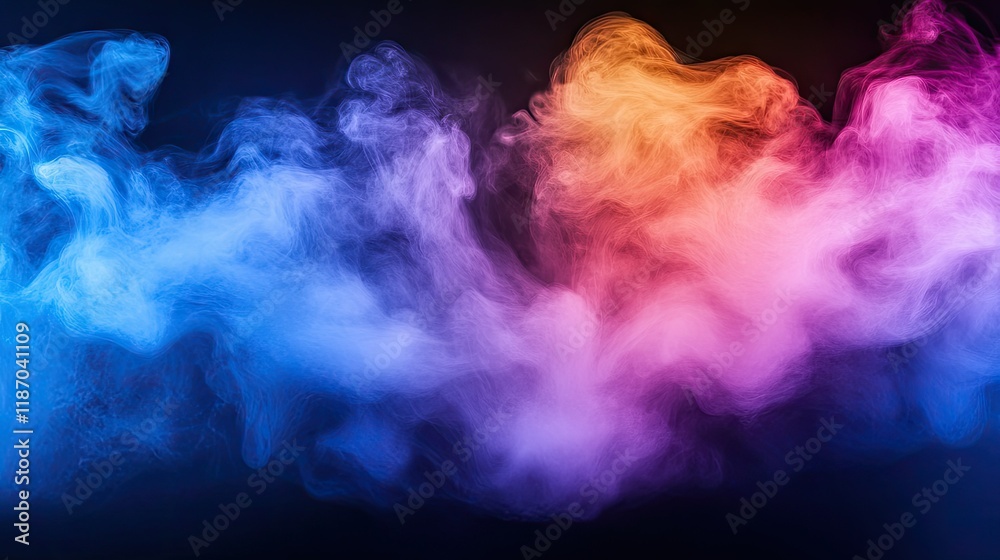 Dramatic smoke and fog on black background with copy space. Absctract flowing glowing mist in vibrant gradient red, blue, purple colors. Dramatic smoke and fog on black background with copy space. Absctract flowing glowing mist in vibrant gradient red, blue, purple colors.