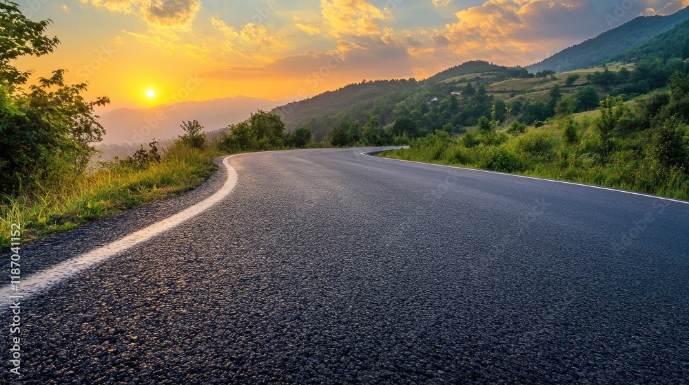 Scenic winding asphalt road surrounded by lush greenery with a breathtaking mountain sunset in the background. Scenic winding asphalt road surrounded by lush greenery with a breathtaking mountain sunset in the background.