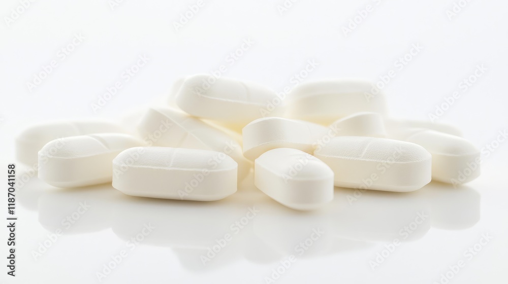 Aspirin capsules arranged on a reflective white surface showcasing pharmaceutical medicine for pain relief and health solutions Aspirin capsules arranged on a reflective white surface showcasing pharmaceutical medicine for pain relief and health solutions