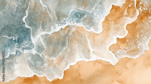 Abstract watercolor painting of ocean waves meeting sandy beach. (1)