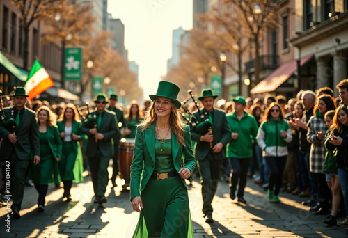 Lively St. Patrick's day parade with people in green celebrating on street. The concept is of St. Patrick's Day, celebration, Irish culture, and community. for holiday, cultural, and festive content