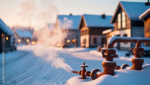 Snow covered winter scene of a cold climate town, biomass powered district heating system, fueled by local wood waste, metal pipes and valves