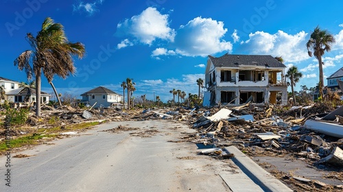 Assessment of property damage in tropical region following natural disaster with debris and ruined buildings under clear blue sky
