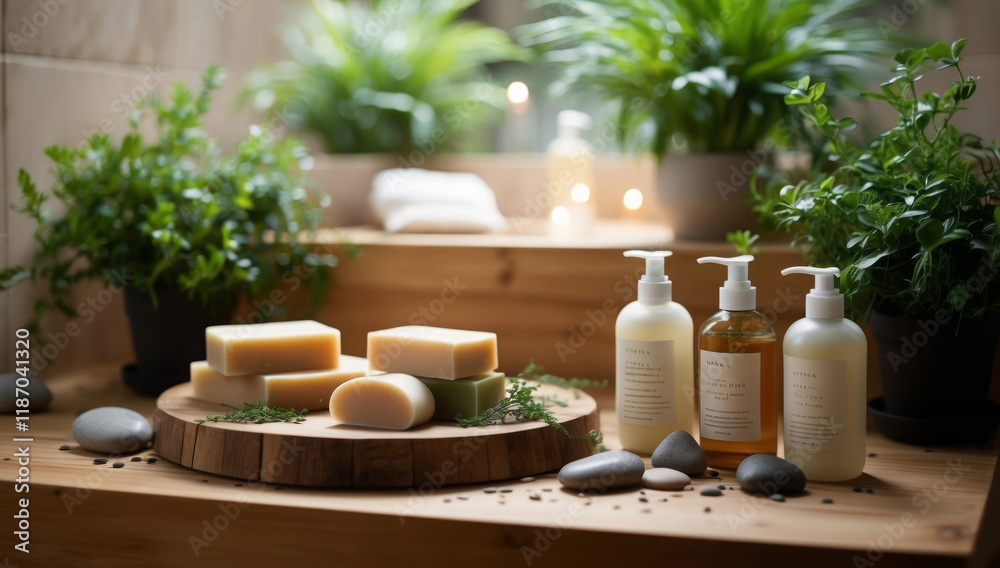 Natural soap bars with irregular shapes and varying earthy colors, co-friendly bathroom, replacing plastic bottled products.