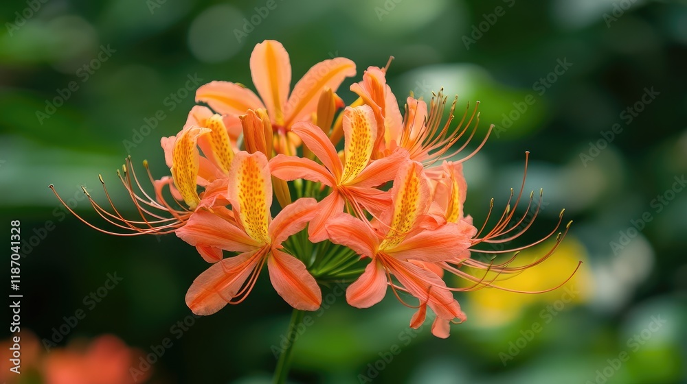 Vibrant orange flowers with delicate petals and long stamens against a blurred green background showcasing natural beauty and tranquility. Vibrant orange flowers with delicate petals and long stamens against a blurred green background showcasing natural beauty and tranquility.