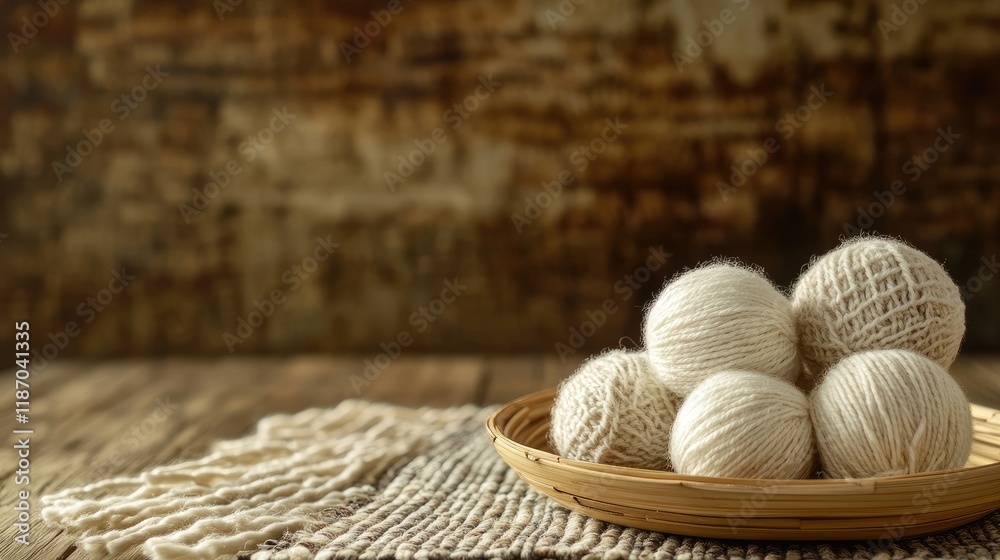 Natural wool yarn balls arranged on a bamboo plate showcasing rustic charm on a weathered wooden table with woven textile background.