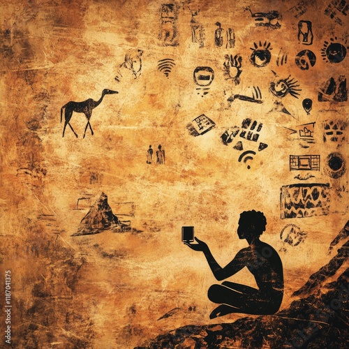Ancient cave painting of man with phone, envisioning future technology, desert backdrop.