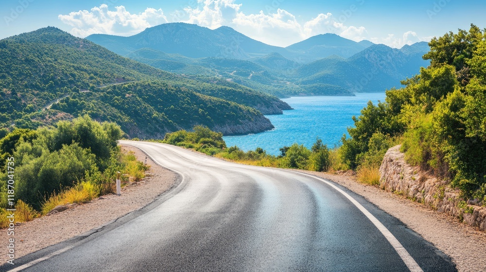 Naklejka premium Scenic summer road winding through hills by the tranquil sea under a blue sky with fluffy clouds