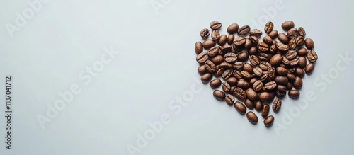 Heart Shaped Arrangement of Freshly Roasted Coffee Beans on Light Background Perfect for Coffee Themed Ads and Promotions photo