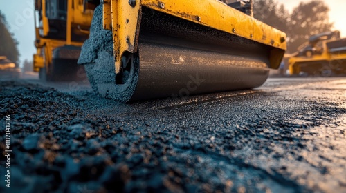 Asphalt Paving Machine Working on Road Construction Project with Freshly Laid Surface and Evening Light photo