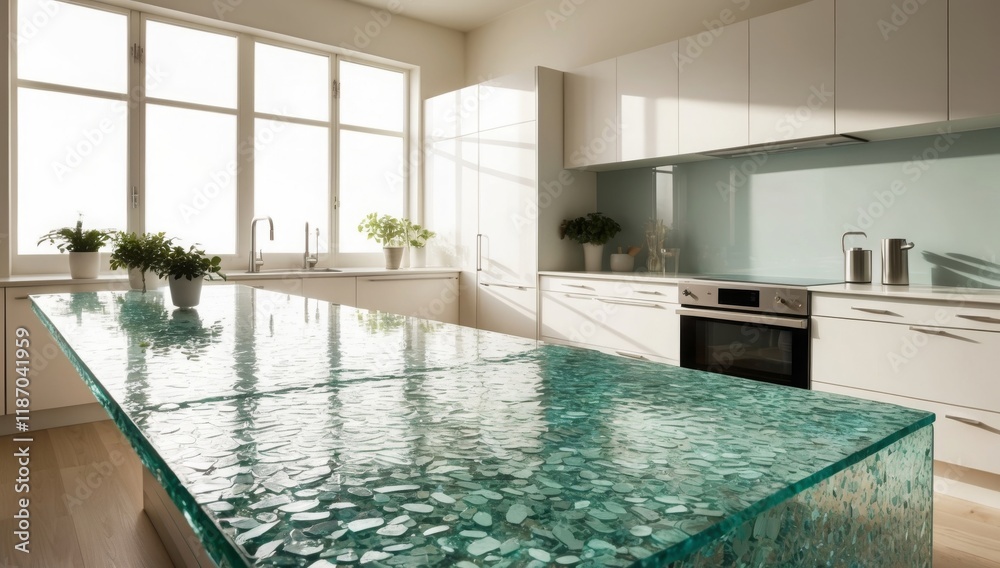 Sustainability, Recycled glass countertop, clean and minimalistic eco-conscious kitchen backdrop.
