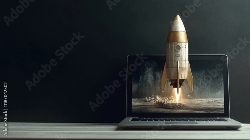 A digitally created image showing a rocket launching from a laptop screen, symbolizing innovation and technological advancement. The background is dark, enhancing the visual impact.