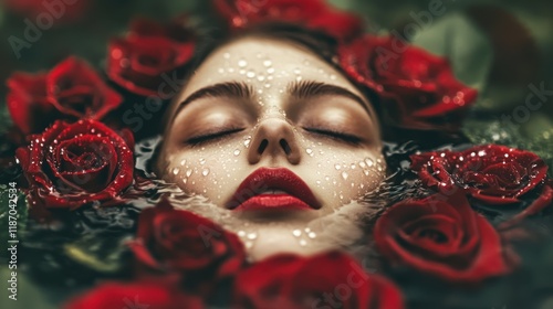 A surreal artistic photograph depicting a woman's face surrounded by red roses, submerged in water. The image highlights tranquility, beauty, and elegance.