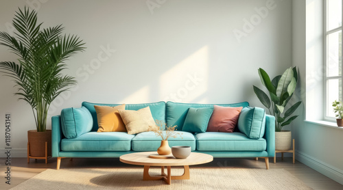 teal sofa a bright living room