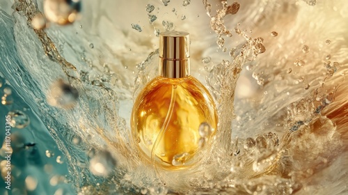 A golden-hued perfume bottle is dramatically submerged in splashing water, capturing an essence of freshness and luxury, with a dynamic play of light and movement. photo