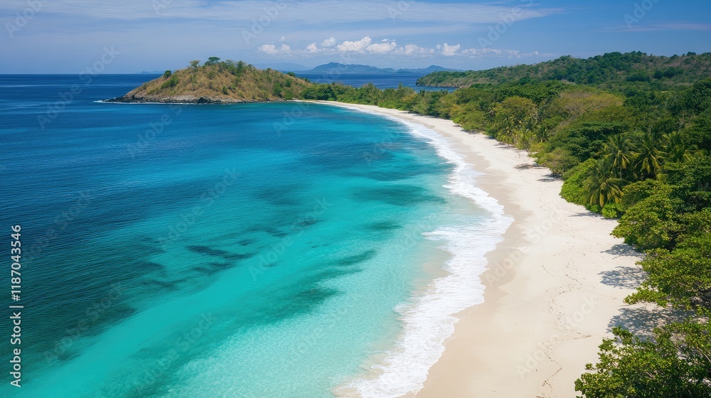 Aerial view of pristine white sandy beach with turquoise ocean on tropical island under clear blue sky ideal for vacation or travel themes Aerial view of pristine white sandy beach with turquoise ocean on tropical island under clear blue sky ideal for vacation or travel themes