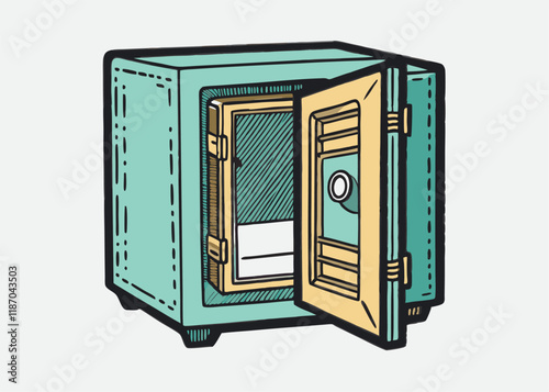 Empty metal open safe. shut metal safe Vector Hand Drawn Illustration Isolated On Transparent Background