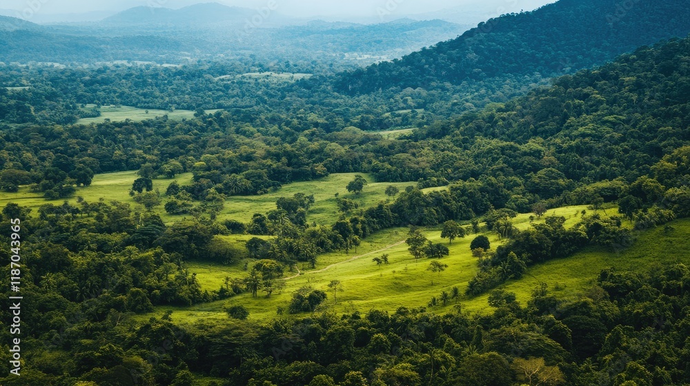 Obraz premium Aerial view of lush green countryside with fertile fields and dense trees providing ample space for text placement and natural scenery.