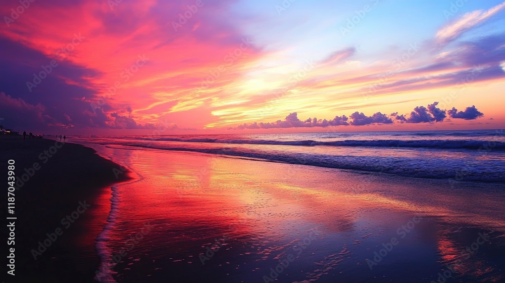 Obraz premium Vibrant Sunset Over Serene Beach with Colorful Skies Reflecting on Calm Waters