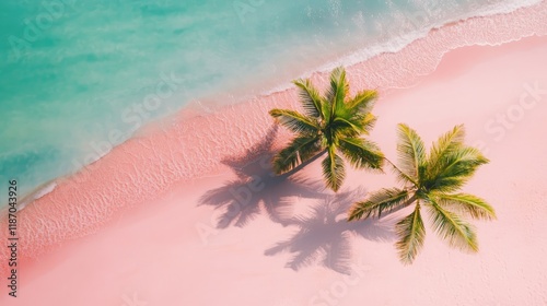 Fototapeta Naklejka Na Ścianę i Meble -  Aerial view of two palm trees casting shadows on a serene pink sand beach with turquoise waters in a minimalist tropical paradise