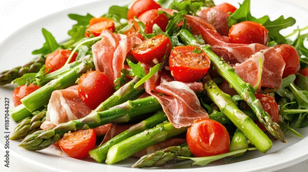 Fresh Asparagus Salad with Prosciutto Cherry Tomatoes and Arugula on White Plate Healthy Gourmet Dish Fresh Asparagus Salad with Prosciutto Cherry Tomatoes and Arugula on White Plate Healthy Gourmet Dish