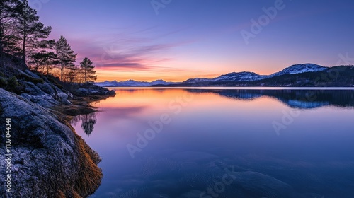 Tranquil twilight landscape reflecting serene colors over calm waters and mountains at dusk in a picturesque natural setting. photo