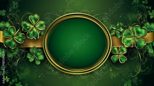 An elegant banner in green and gold tones dedicated to St. Patrick's Day. The central place is occupied by a green circle with a gold frame, framed by clover leaves. photo