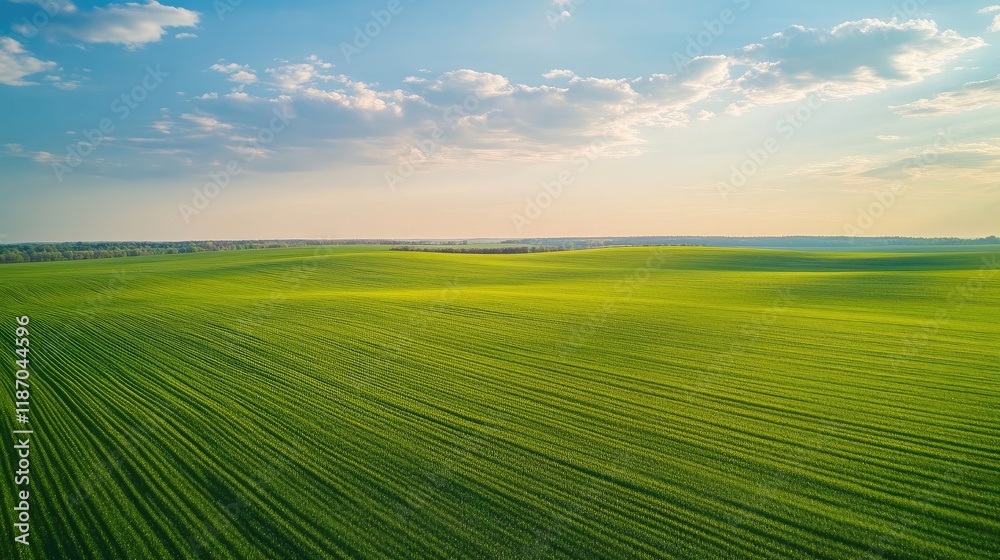 Obraz premium Aerial landscape of lush green fields under a clear blue sky with soft clouds showcasing ample space for text or design elements