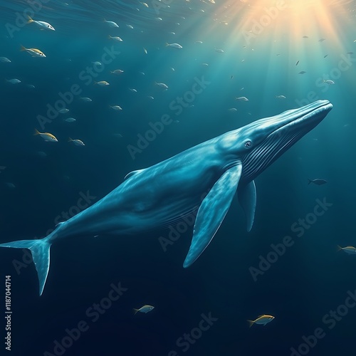 Majestic whale swimming in sunlit ocean. photo