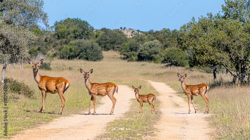 Naklejka premium Spotted Deer Family on Rustic Country Road Sunny Day