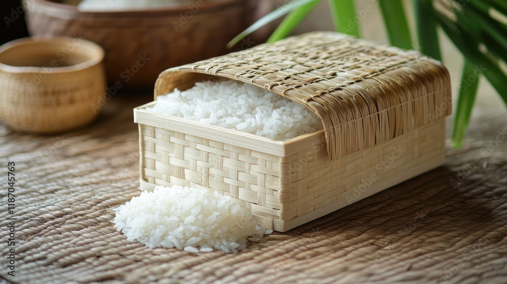Bamboo box for keeping rice warm with spilled rice on textured mat and natural background Bamboo box for keeping rice warm with spilled rice on textured mat and natural background