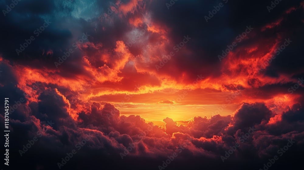 Fototapeta premium dramatic sunset with vibrant colors illuminating dark clouds in the evening sky