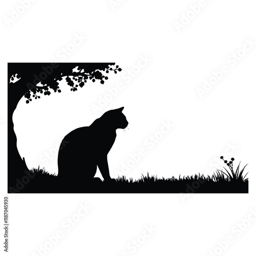 Create me a Cat sitting on the ground vecor silhouette, fill only black color isolated white background