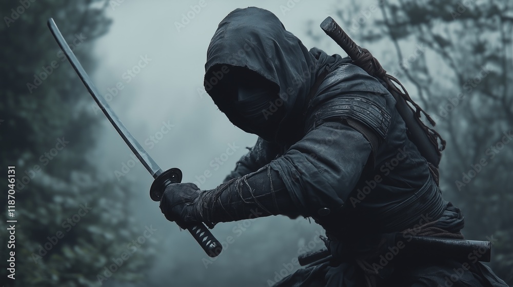 Action style illustration of a ninja in dark clothing preparing to attack with a katana sword. The background is hazy, which creates an atmosphere of mystery and tension. Action style illustration of a ninja in dark clothing preparing to attack with a katana sword. The background is hazy, which creates an atmosphere of mystery and tension.